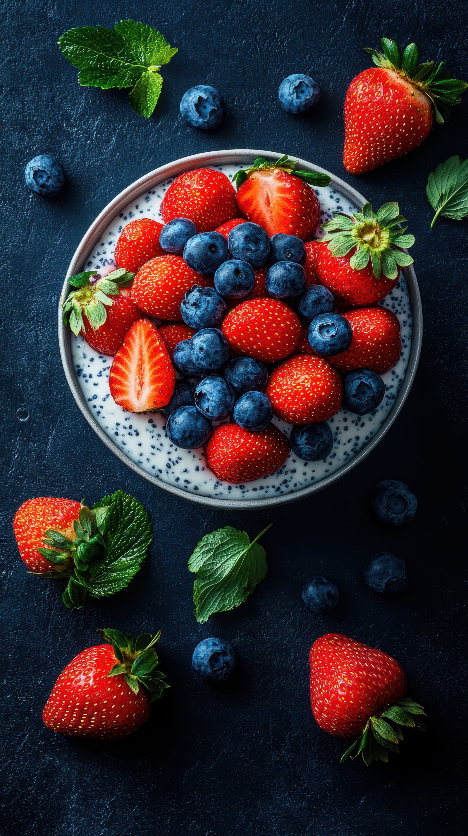 Freshly prepared chia seed pudding topped with vibrant strawberries and blueberries on a dark background